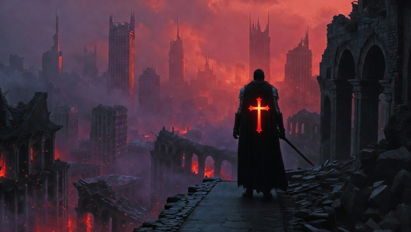 A knight stands before a burning city, bearing the cross